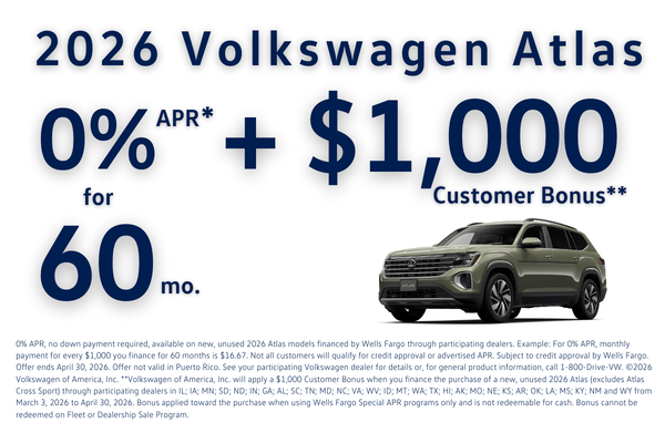 Atlas 0% APR for 60 months + $1000 Customer Bonus
